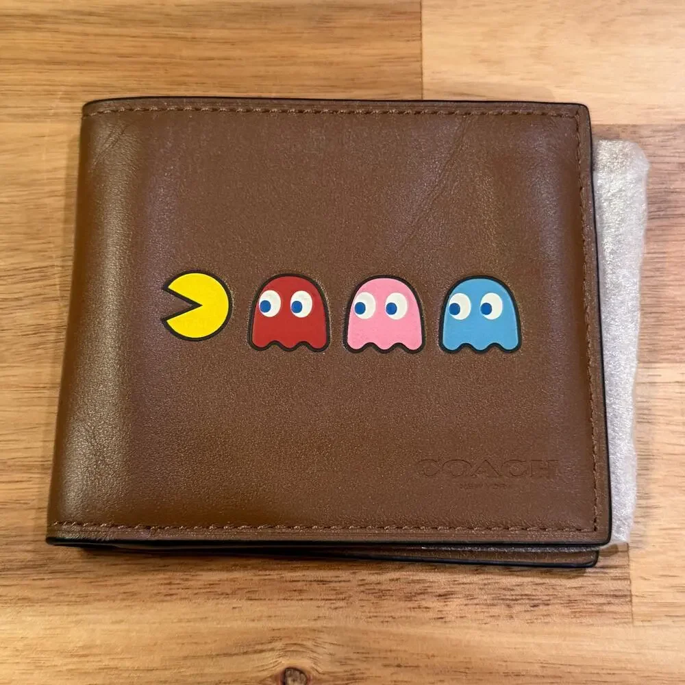 Coach x Pac-Man Brown Leather Bifold Wallet F75911 Retro Arcade Ghosts Mens NWOT
